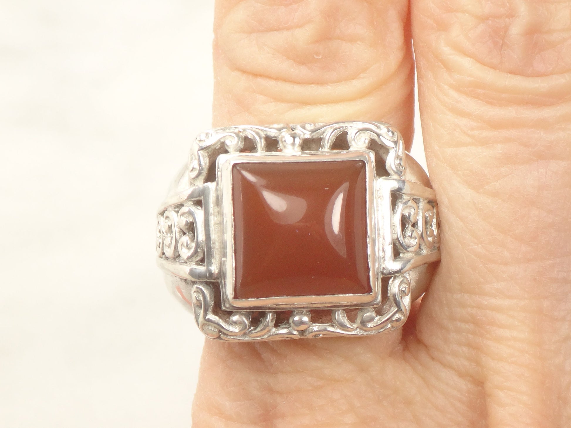 Vintage Large Sterling Silver Carnelian Ring Scroll Design Orange Stone Ring - Size 8