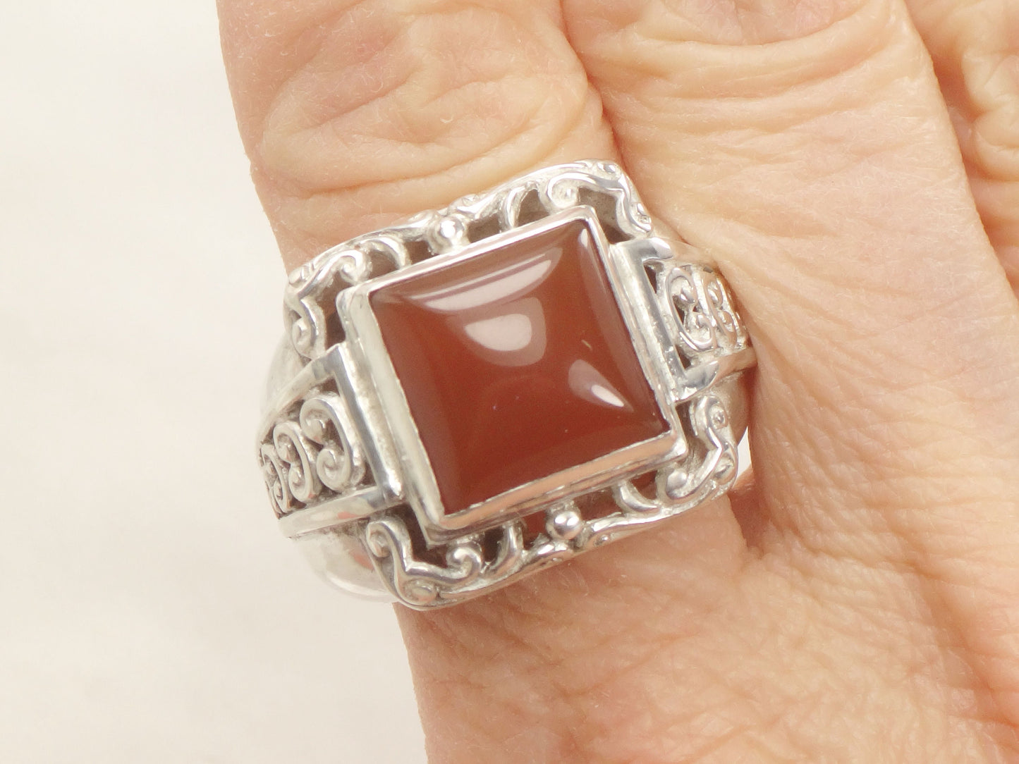 Vintage Large Sterling Silver Carnelian Ring Scroll Design Orange Stone Ring - Size 8