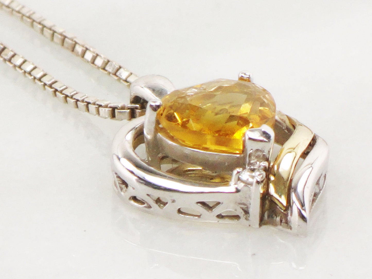 Vintage Sterling Silver & 14k Gold Citrine and Diamond Pendant Necklace, Silver and Gold Heart Necklace, 18" Box Chain