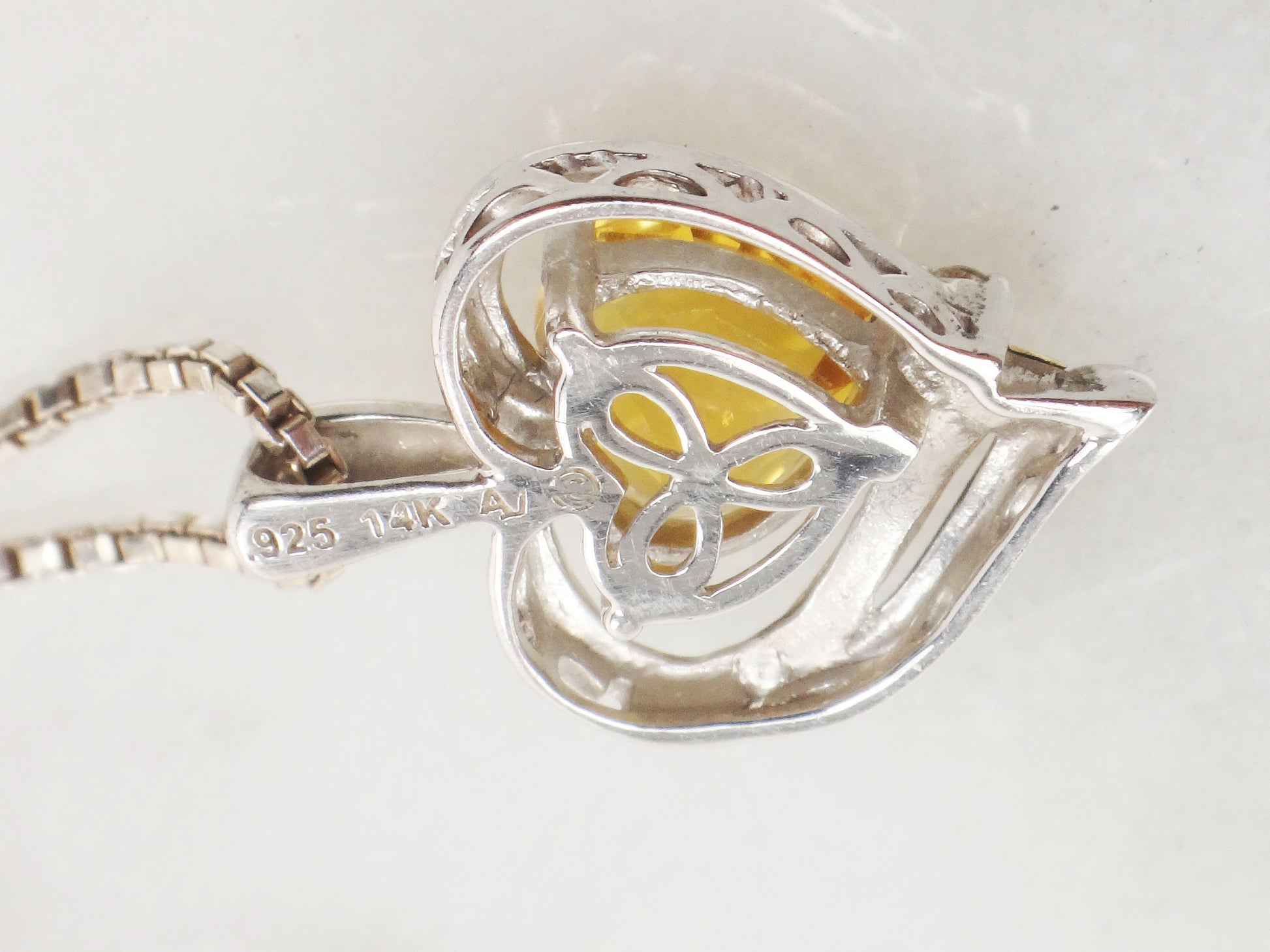 Vintage Sterling Silver 14k Gold Citrine and Diamond Heart Pendant Necklace