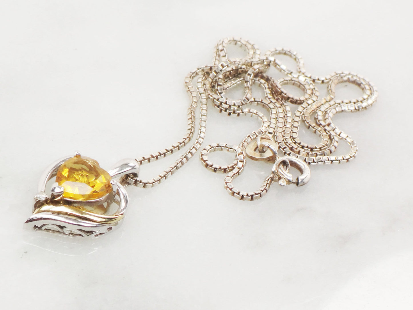 Vintage Sterling Silver 14k Gold Citrine and Diamond Heart Pendant Necklace