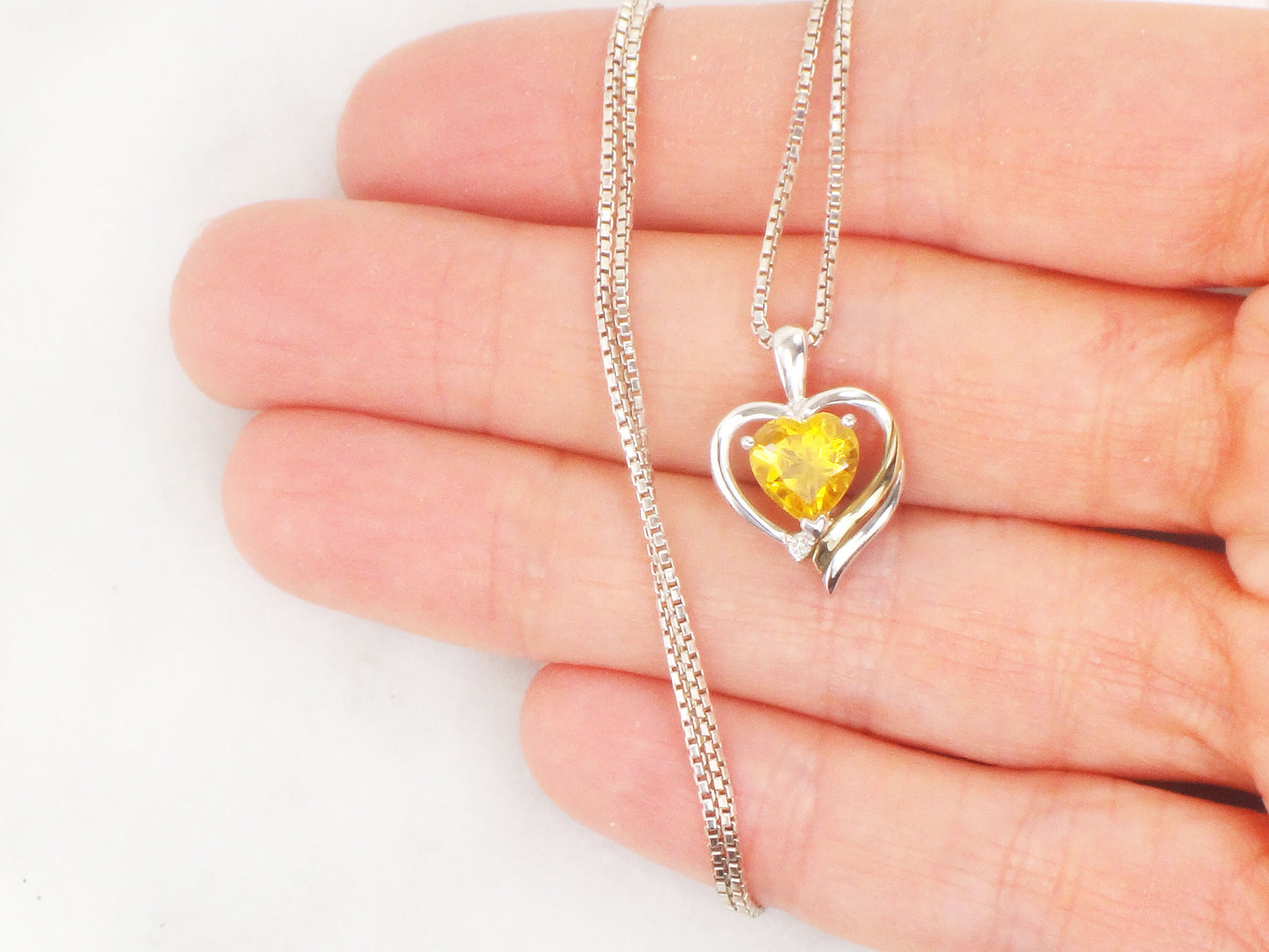Vintage Sterling Silver & 14k Gold Citrine and Diamond Pendant Necklace, Silver and Gold Heart Necklace, 18" Box Chain