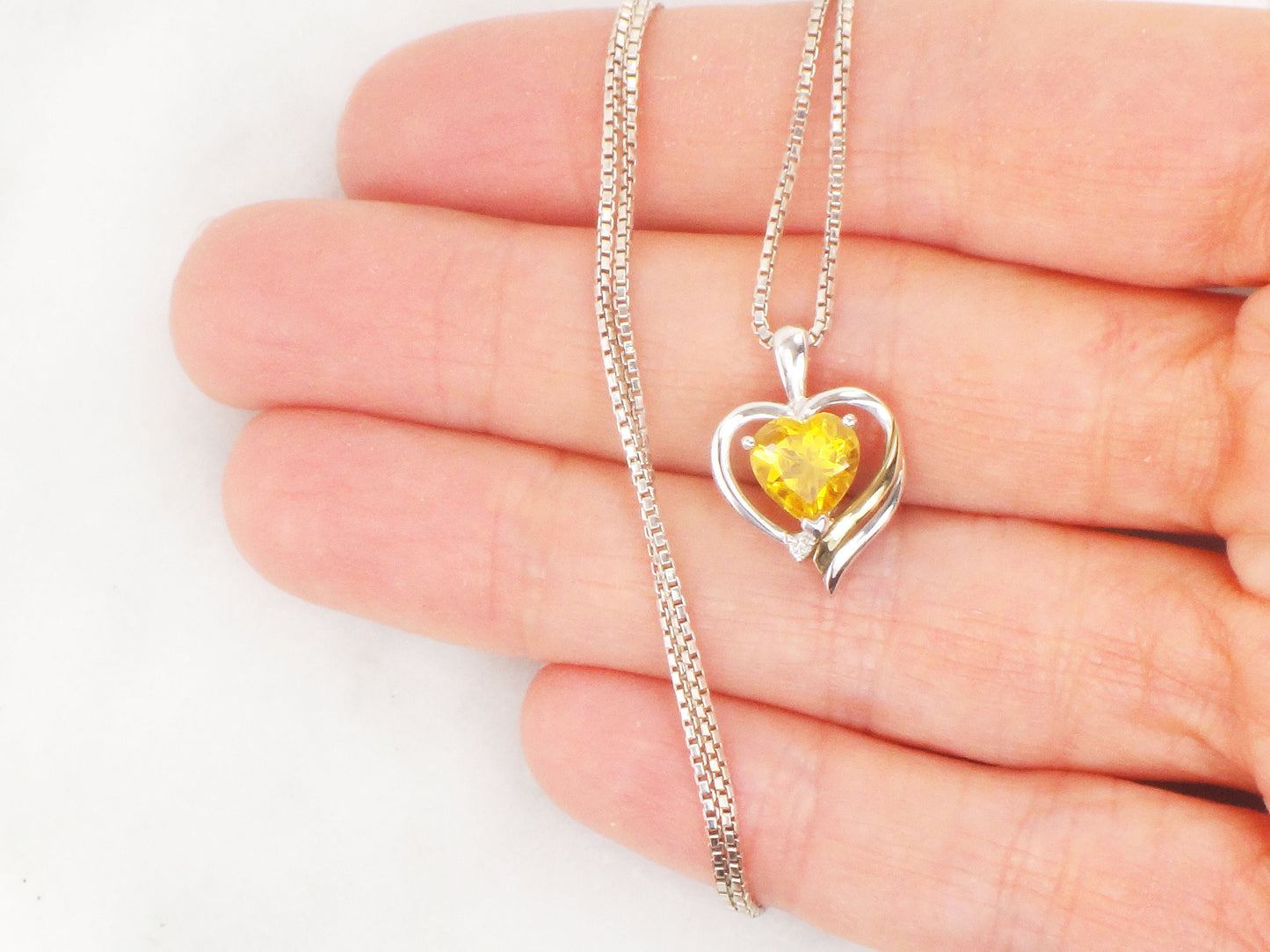 Vintage Sterling Silver 14k Gold Citrine and Diamond Heart Pendant Necklace