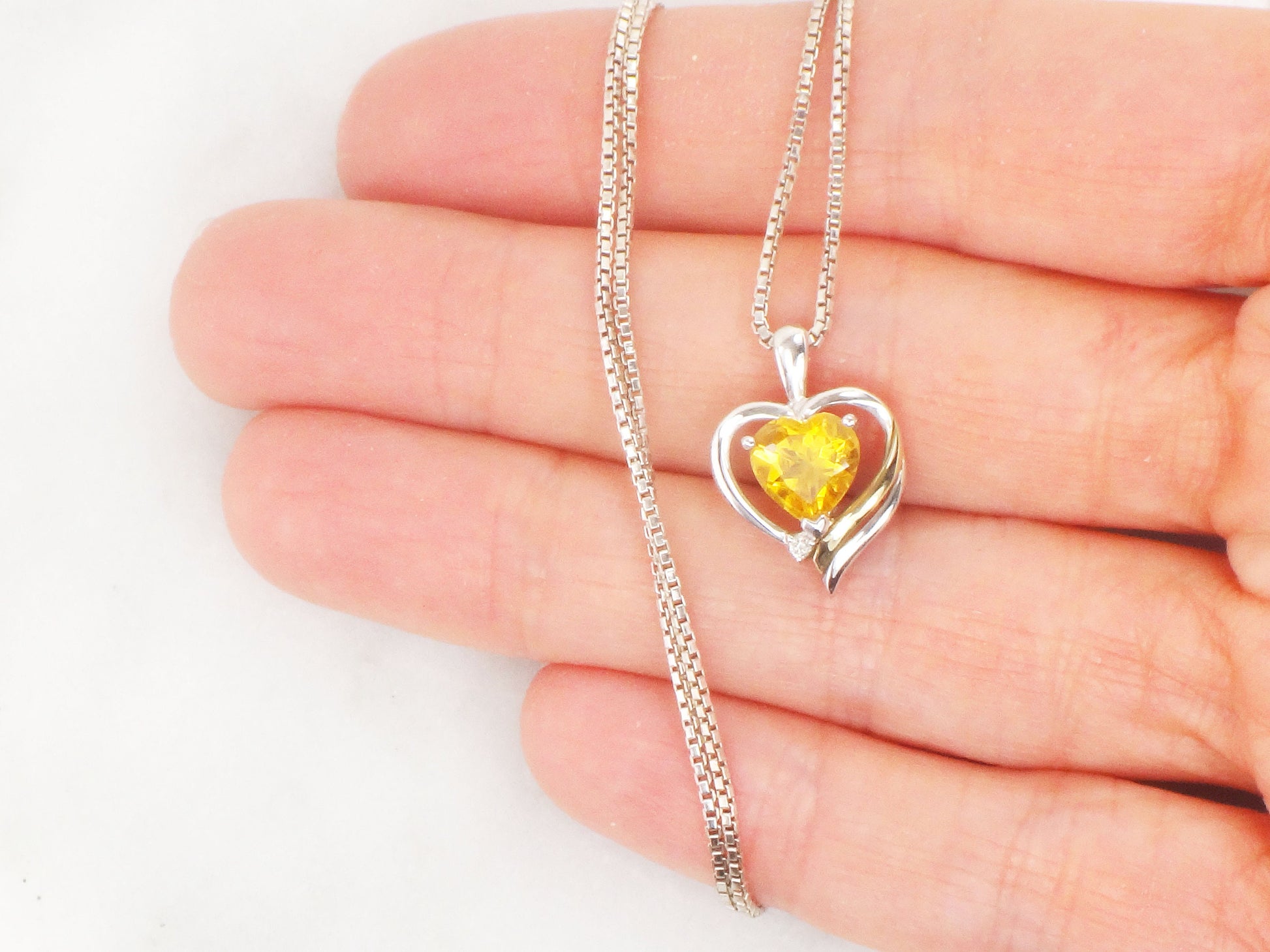 Vintage Sterling Silver 14k Gold Citrine and Diamond Heart Pendant Necklace