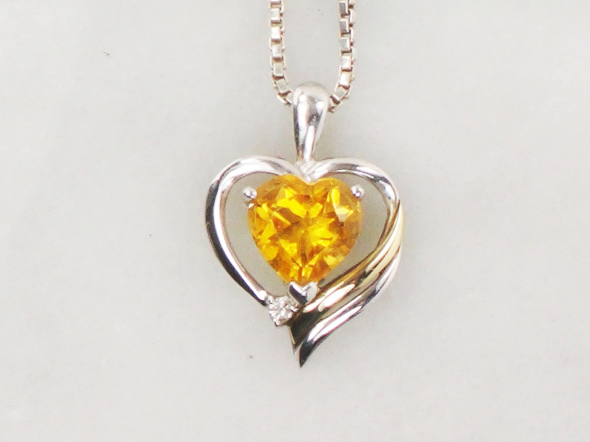 Vintage Sterling Silver 14k Gold Citrine and Diamond Heart Pendant Necklace