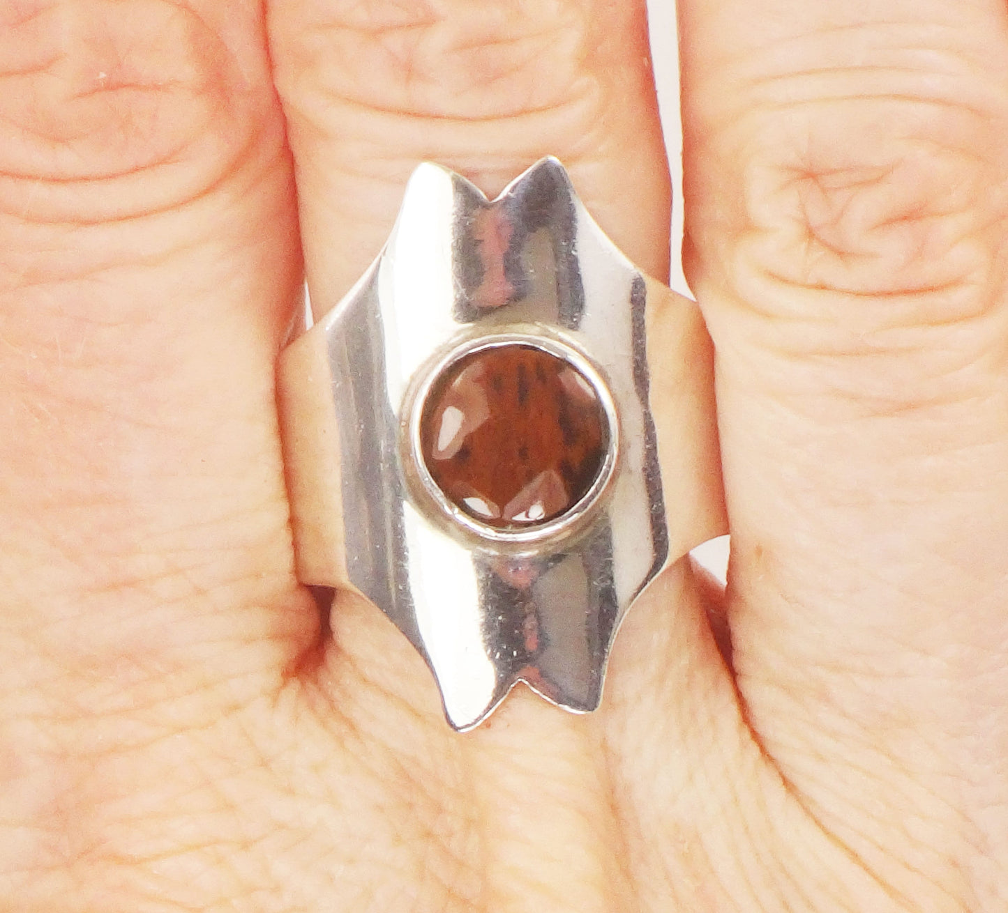 Modernist 950 Silver Ring: Brown Stone Wide Band, Size 9 1/2
