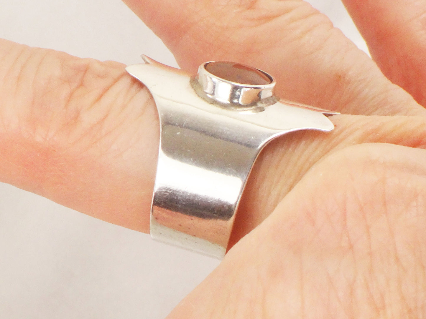 Modernist 950 Silver Ring: Brown Stone Wide Band, Size 9 1/2