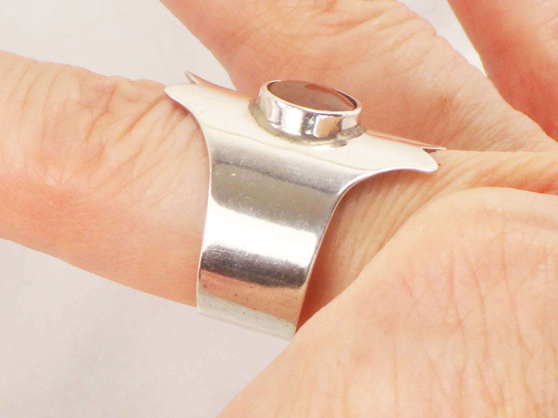 Modernist 950 Silver Ring: Brown Stone Wide Band, Size 9 1/2