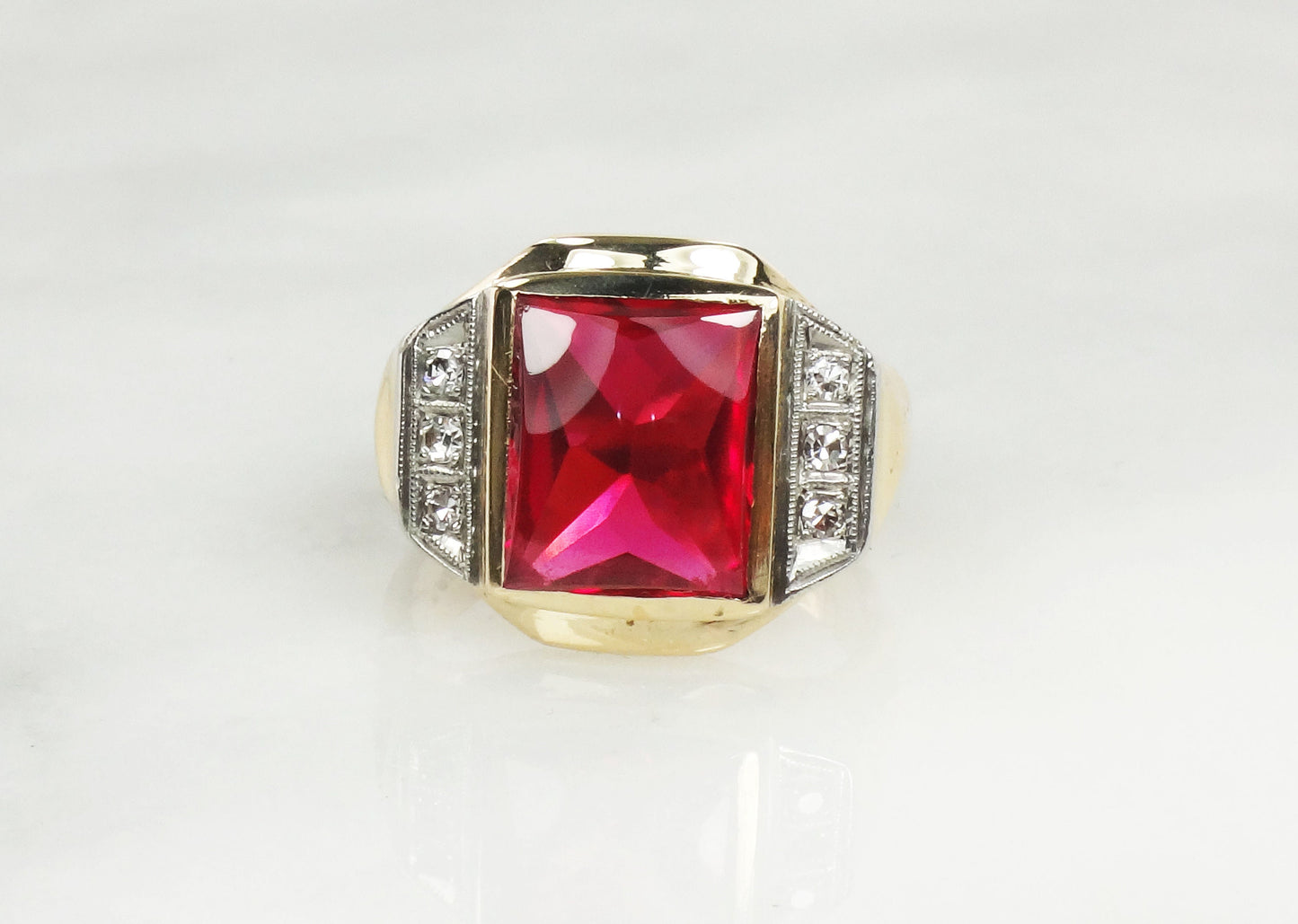 Vintage 14k Yellow Gold Ruby and Diamond Ring Solid Gold Men's July Birthstone Ring Size 9.75