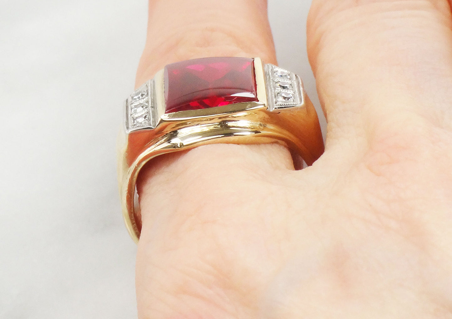 Vintage 14k Yellow Gold Ruby and Diamond Ring Solid Gold Men's July Birthstone Ring Size 9.75
