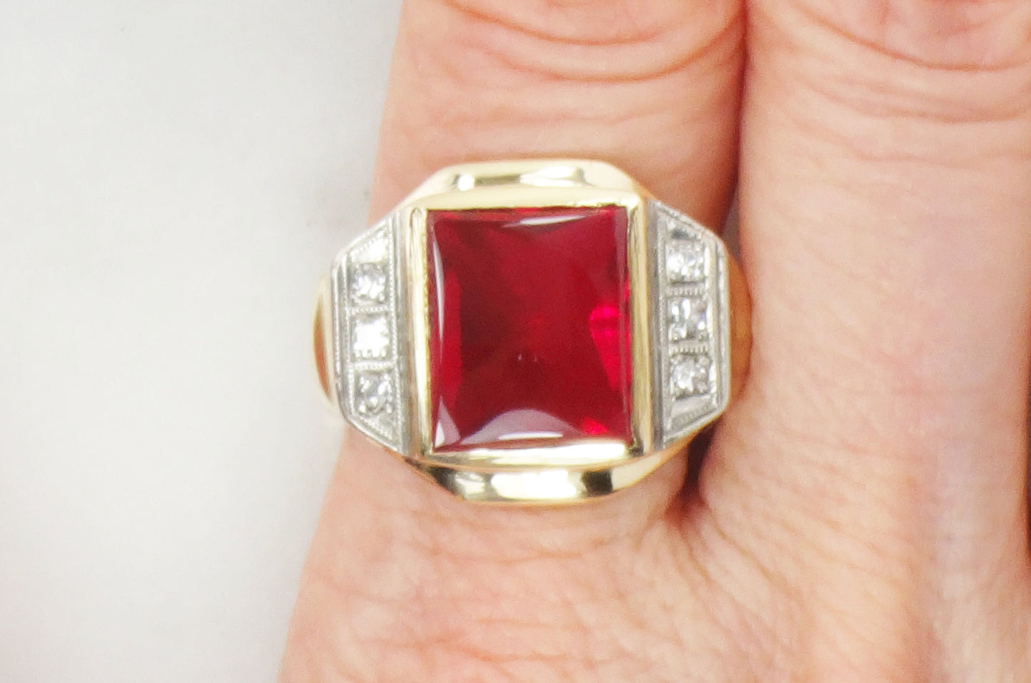 Vintage 14k Yellow Gold Ruby and Diamond Ring Solid Gold Men's July Birthstone Ring Size 9.75