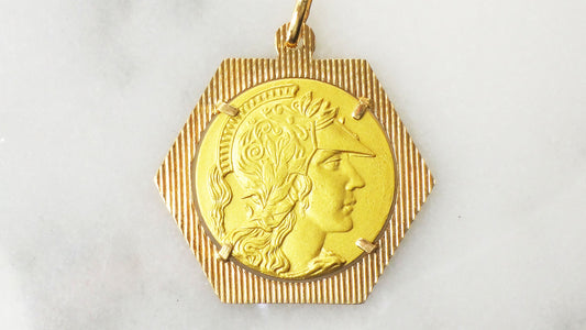 Solid 18k Yellow Gold Roman Goddess Minerva Pendant, Italian Gold Athena Figural Medal or Charm