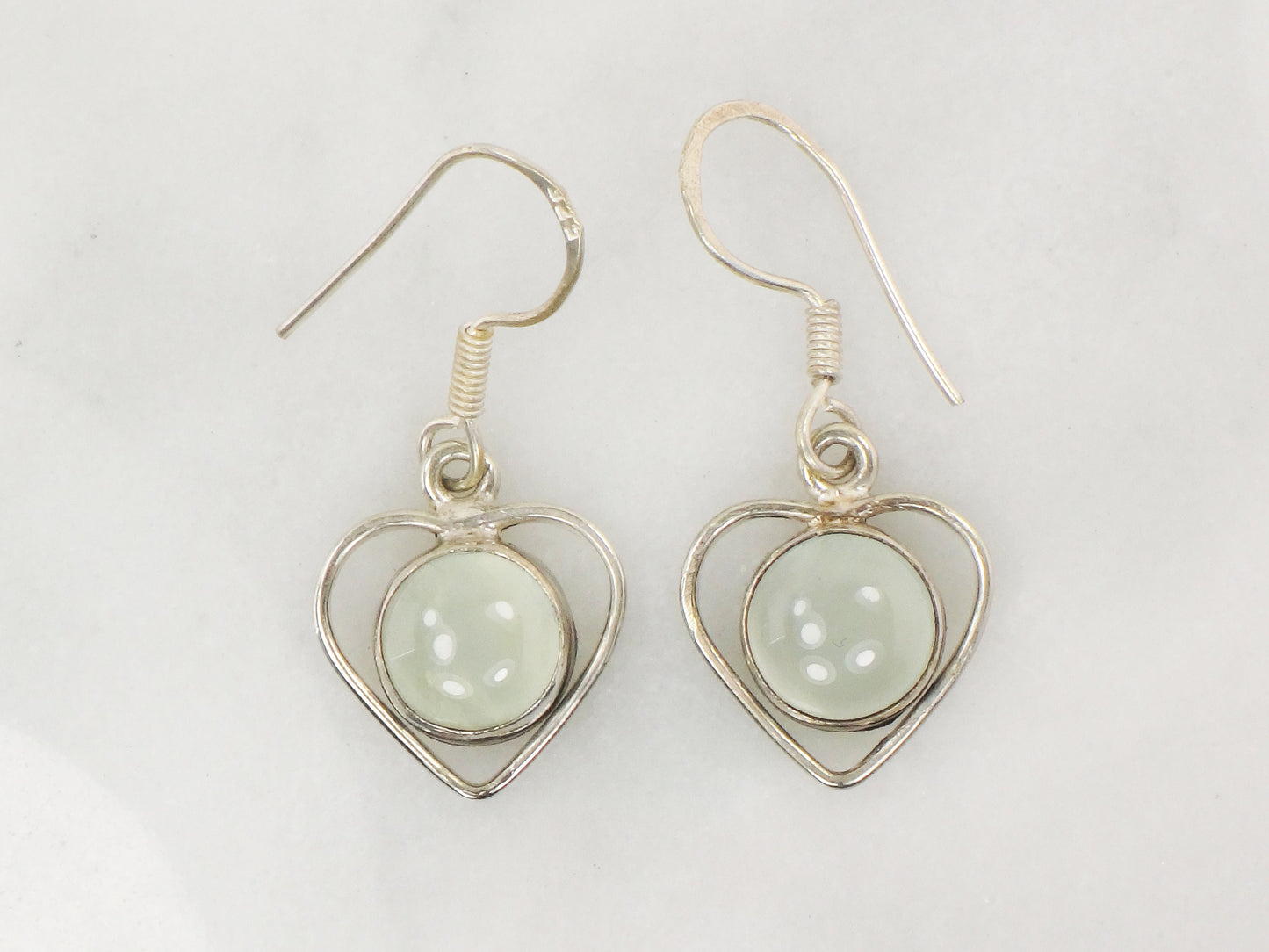 Vintage Sterling Silver Heart Dangle Earrings Earrings with Light Gray Glass Stones and Ear Wires