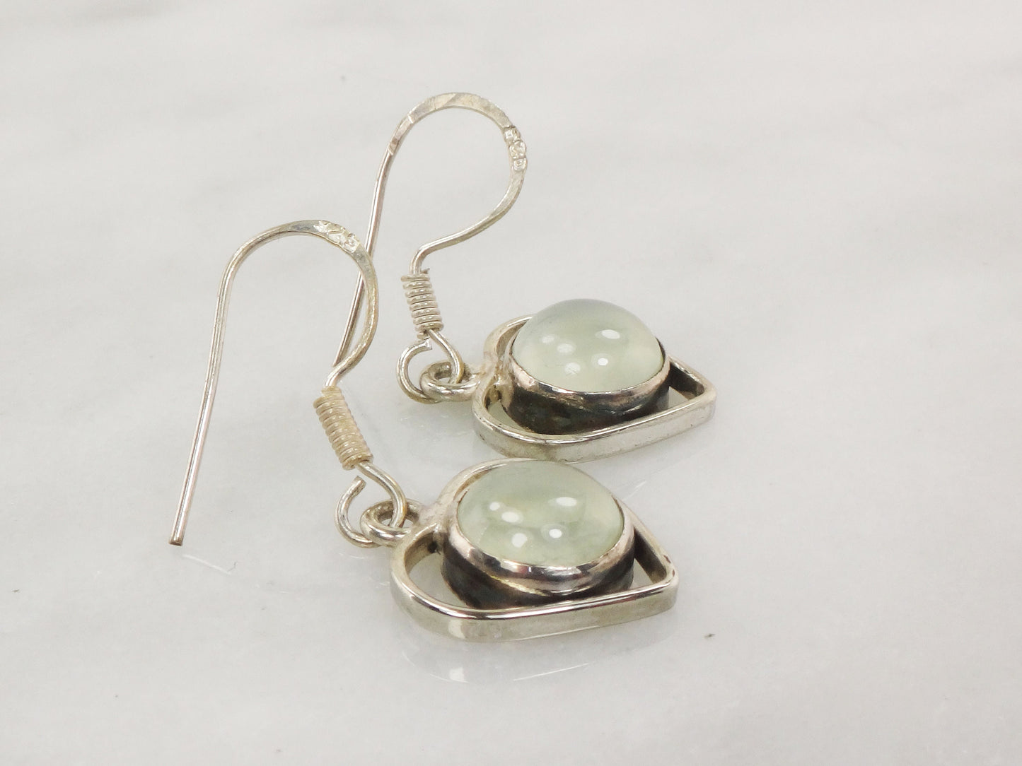 Vintage Sterling Silver Heart Dangle Earrings Earrings with Light Gray Glass Stones and Ear Wires