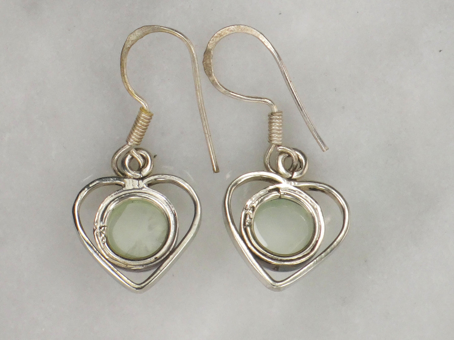 Vintage Sterling Silver Heart Dangle Earrings Earrings with Light Gray Glass Stones and Ear Wires