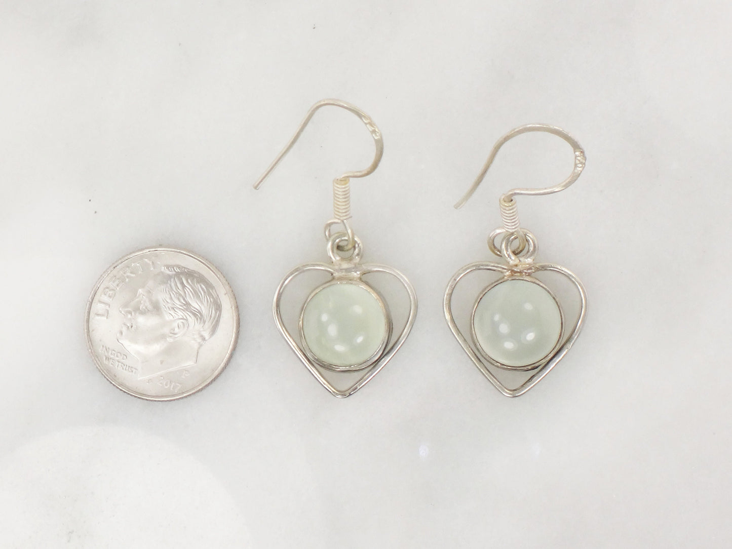 Vintage Sterling Silver Heart Dangle Earrings Earrings with Light Gray Glass Stones and Ear Wires