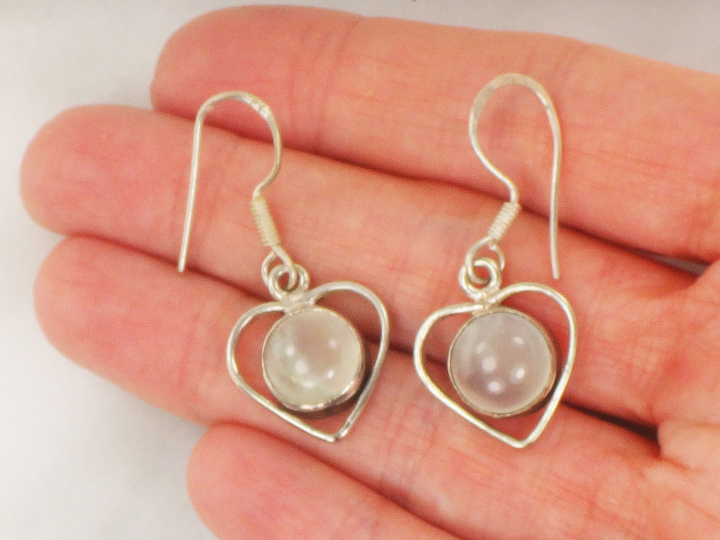 Vintage Sterling Silver Heart Dangle Earrings Earrings with Light Gray Glass Stones and Ear Wires