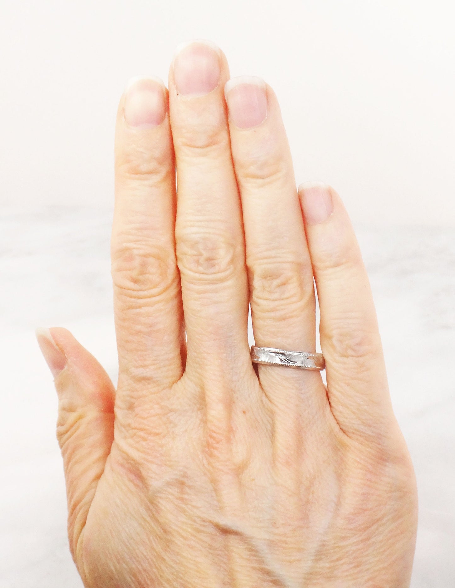 Vintage Platinum Wedding Band: Mid-Century Engraved Stacking Ring, Size 5.5