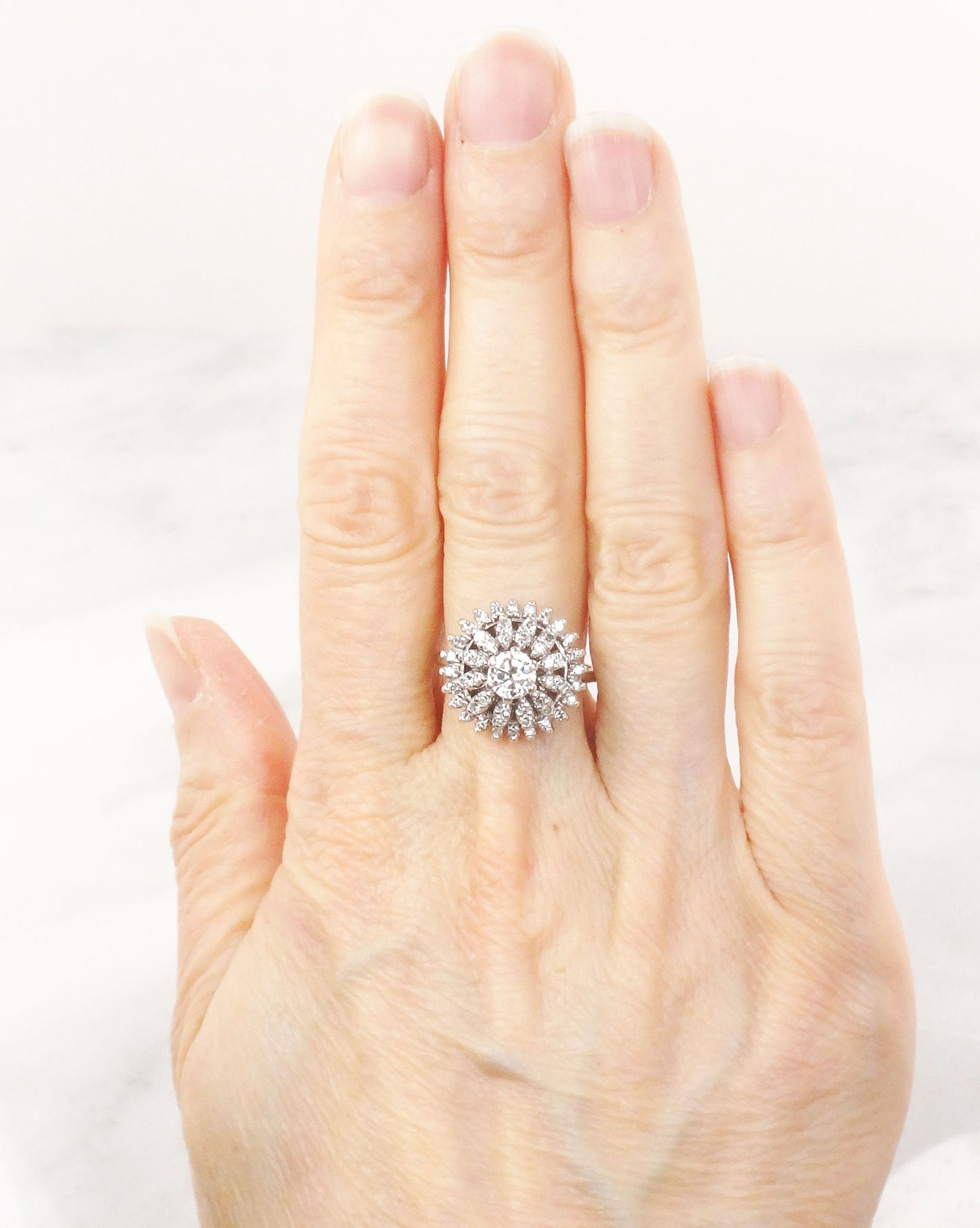 Vintage 14k White Gold Diamond Cluster Ring: Mid-Century Floral Design, Size 5.5