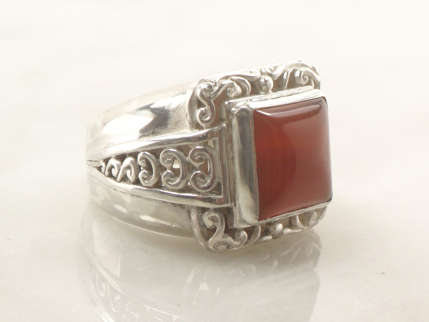 Vintage Large Sterling Silver Carnelian Ring Scroll Design Orange Stone Ring - Size 8