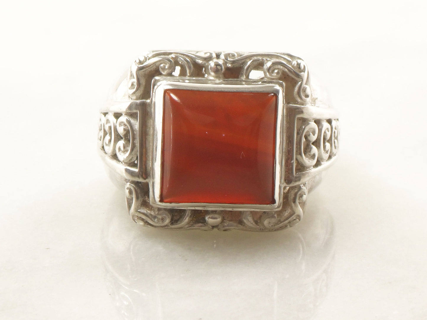 Vintage Large Sterling Silver Carnelian Ring Scroll Design Orange Stone Ring - Size 8