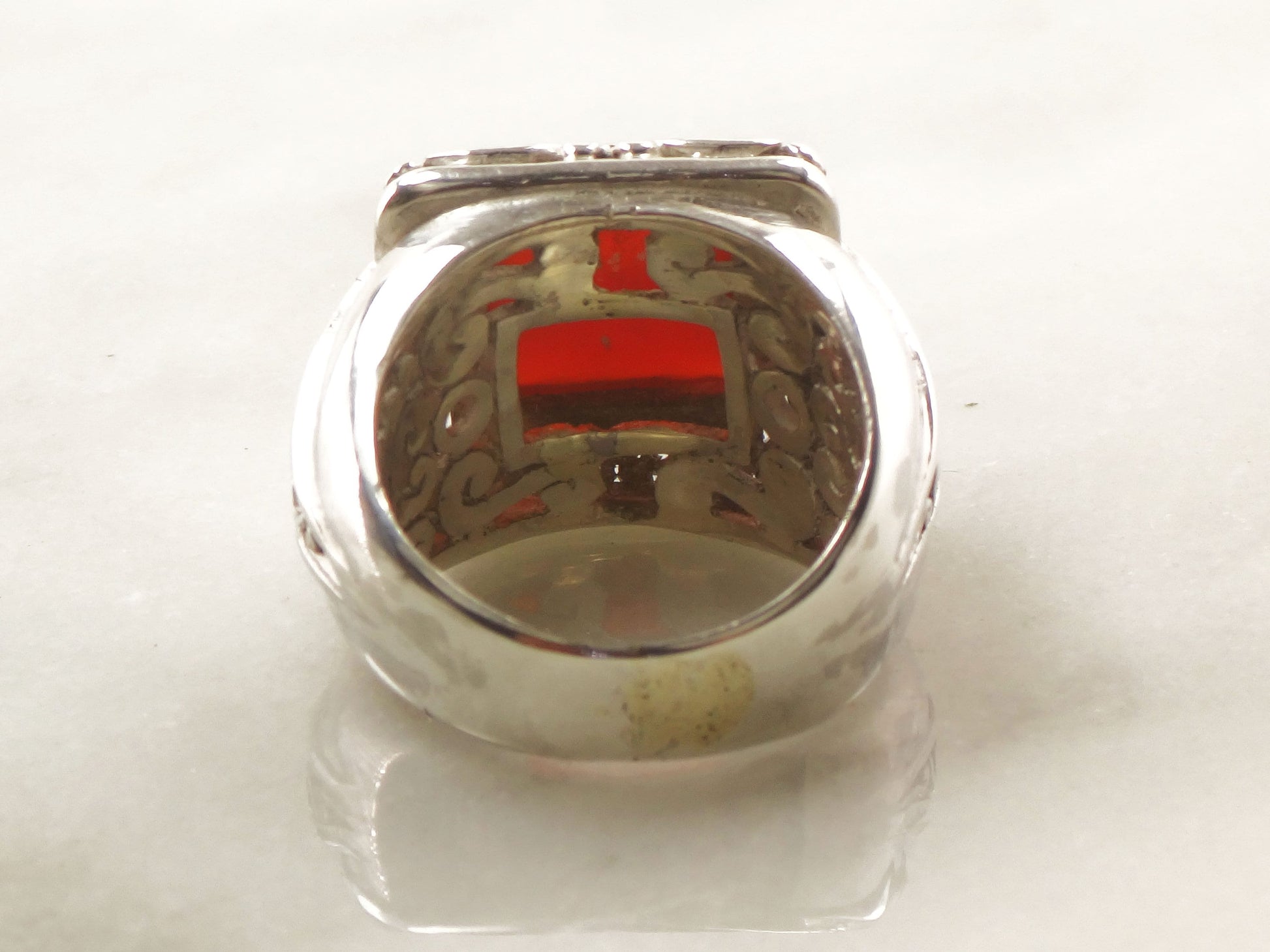 Vintage Large Sterling Silver Carnelian Ring Scroll Design Orange Stone Ring - Size 8