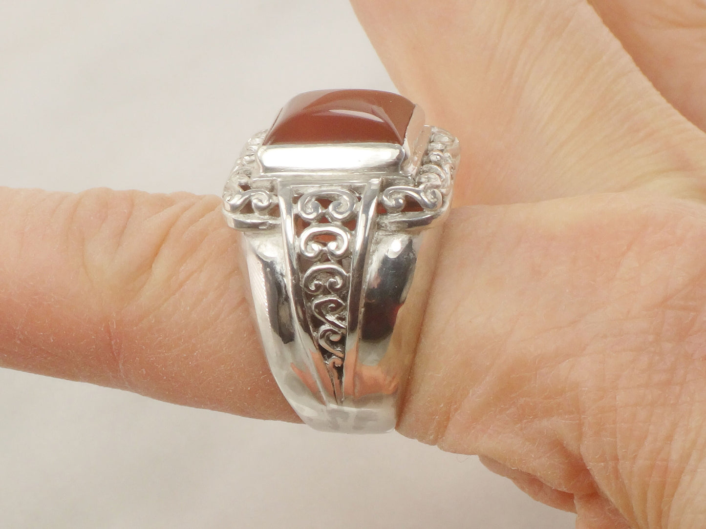 Vintage Large Sterling Silver Carnelian Ring Scroll Design Orange Stone Ring - Size 8