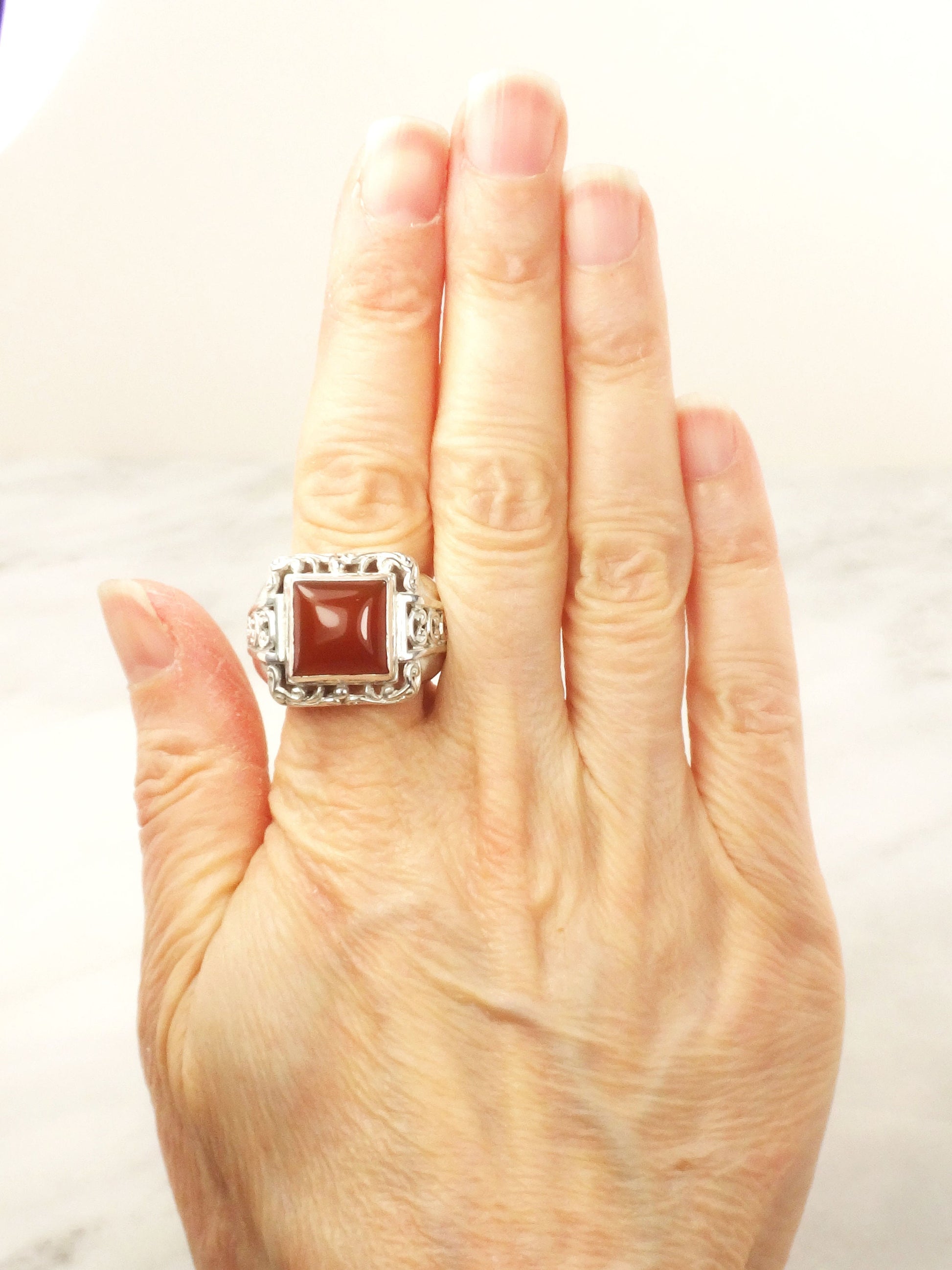 Vintage Large Sterling Silver Carnelian Ring Scroll Design Orange Stone Ring - Size 8