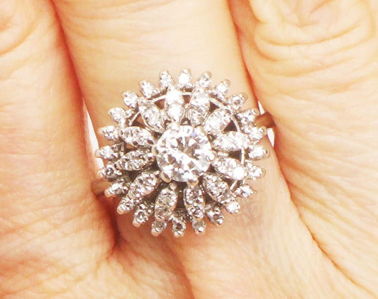 Vintage 14k White Gold Diamond Cluster Ring: Mid-Century Floral Design, Size 5.5
