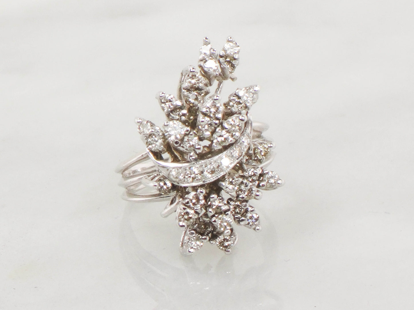 Vintage 14k White Gold Diamond Floral Ring: 1 CT TDW Cocktail Ring, Size 6.75