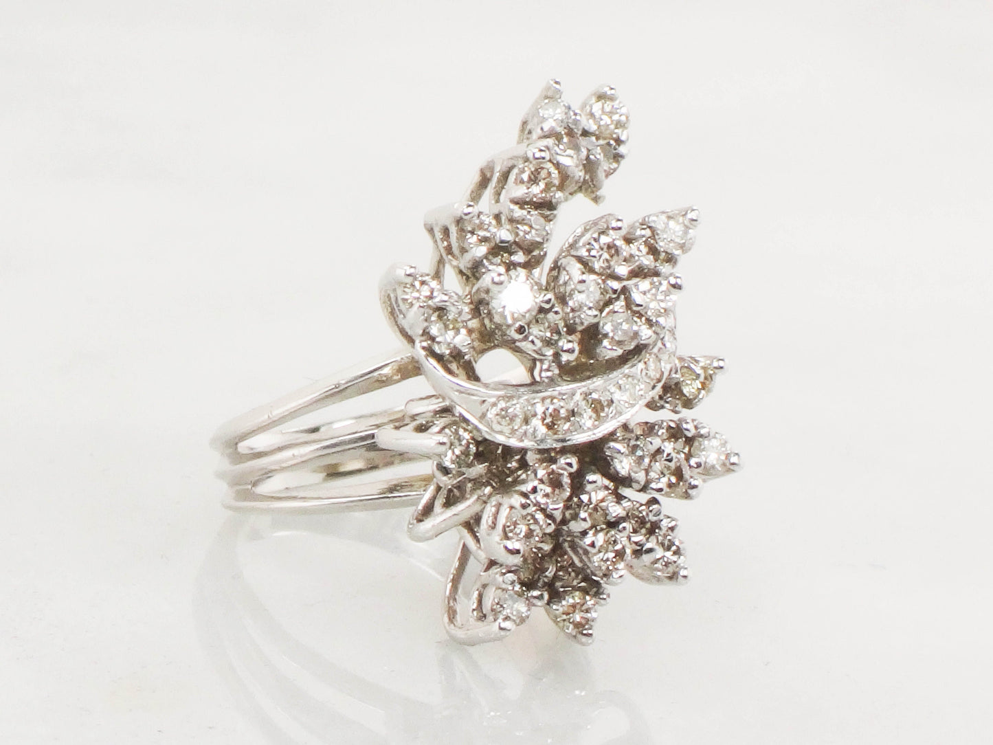 Vintage 14k White Gold Diamond Floral Ring: 1 CT TDW Cocktail Ring, Size 6.75