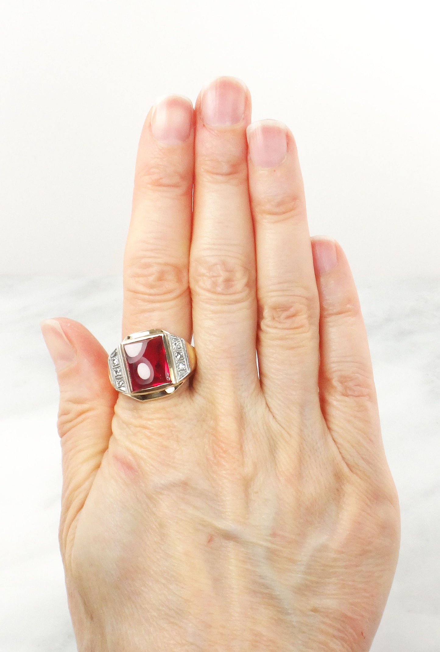 Vintage 14k Yellow Gold Ruby and Diamond Ring Solid Gold Men's July Birthstone Ring Size 9.75
