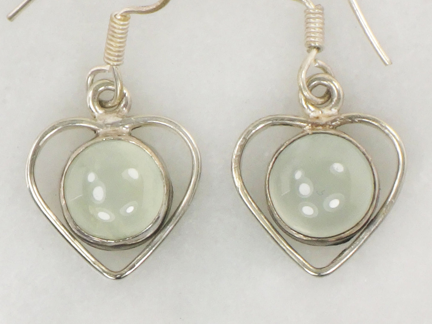 Vintage Sterling Silver Heart Dangle Earrings Earrings with Light Gray Glass Stones and Ear Wires