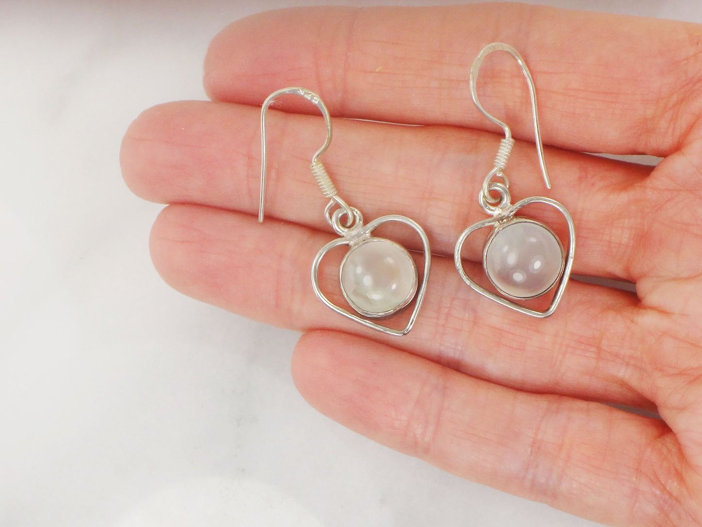 Vintage Sterling Silver Heart Dangle Earrings Earrings with Light Gray Glass Stones and Ear Wires