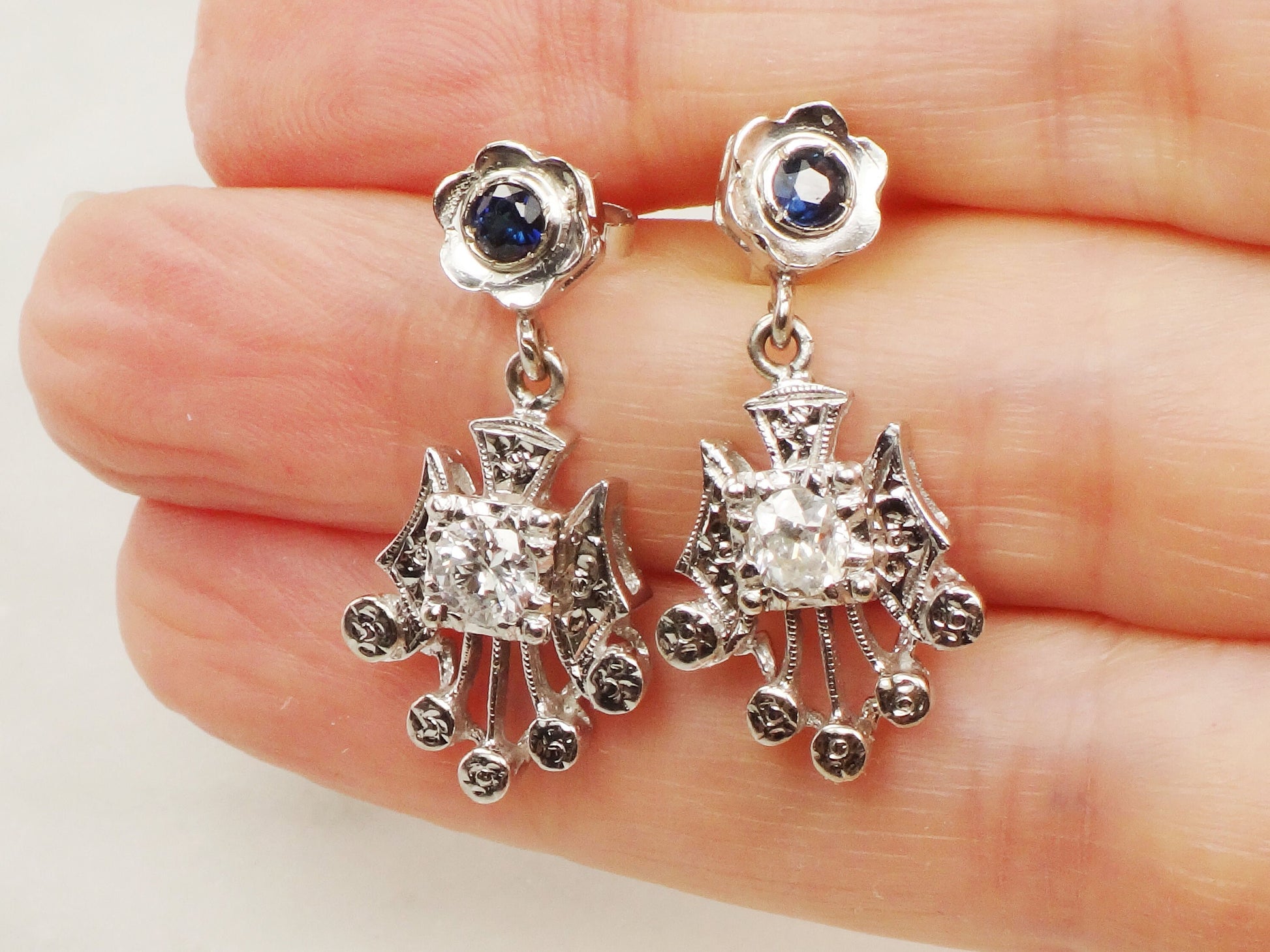 Vintage 14k White Gold Natural Diamond and Blue Sapphire Earrings Art Deco Dangle Earrings