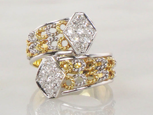 Vintage 18k Two Tone Gold Diamond Ring: Wide Band, Size 6.5