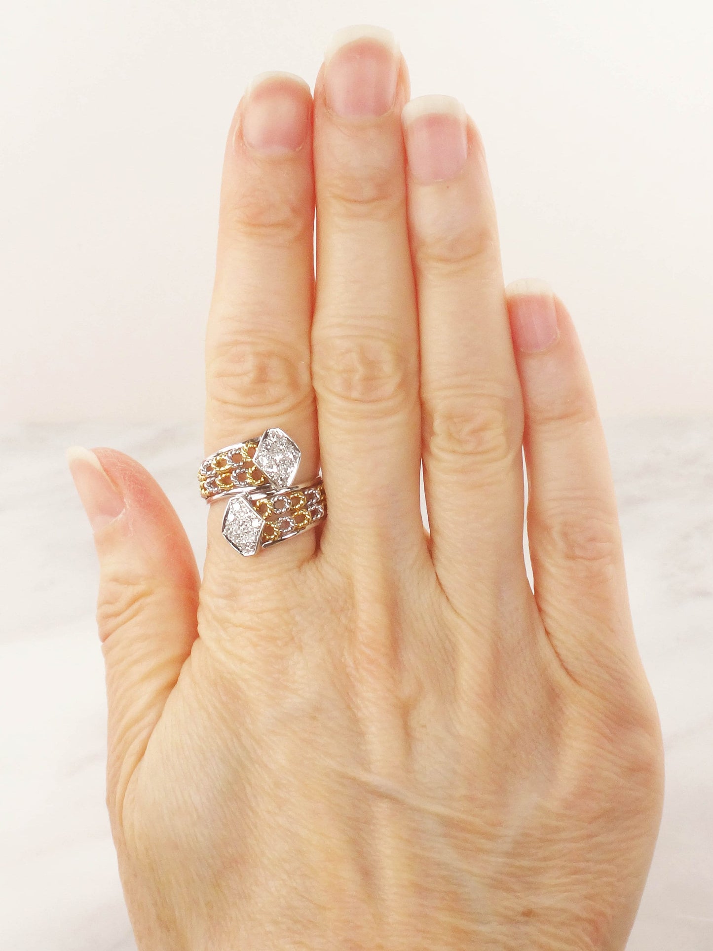 Vintage 18k Two Tone Gold Diamond Ring: Wide Band, Size 6.5