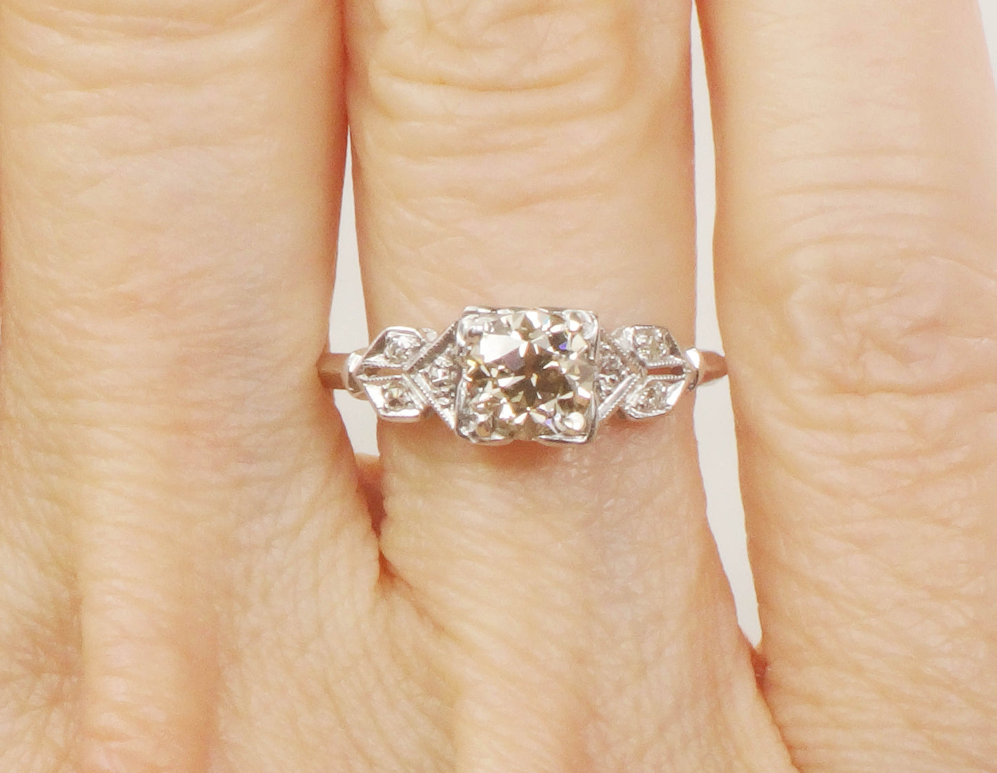 Vintage Diamond Engagement Ring Art Deco Diamond Engagement Ring Light Brown Old European GIA Certified Diamond Platinum Engagement Ring