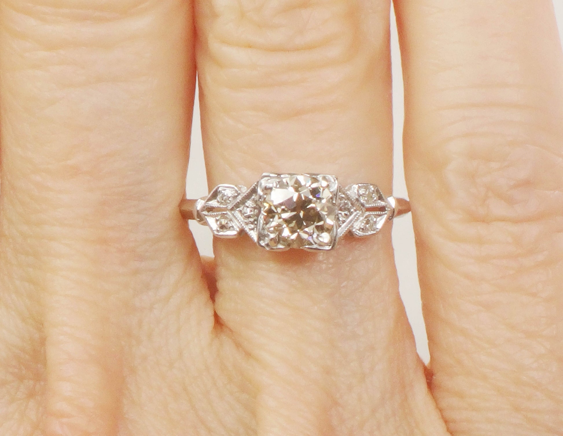 Vintage Diamond Engagement Ring Art Deco Diamond Engagement Ring Light Brown Old European GIA Certified Diamond Platinum Engagement Ring