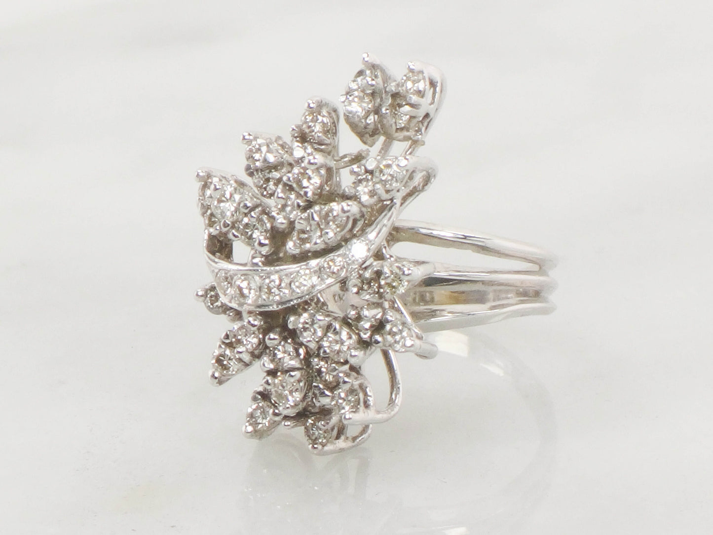 Vintage 14k White Gold Diamond Floral Ring: 1 CT TDW Cocktail Ring, Size 6.75