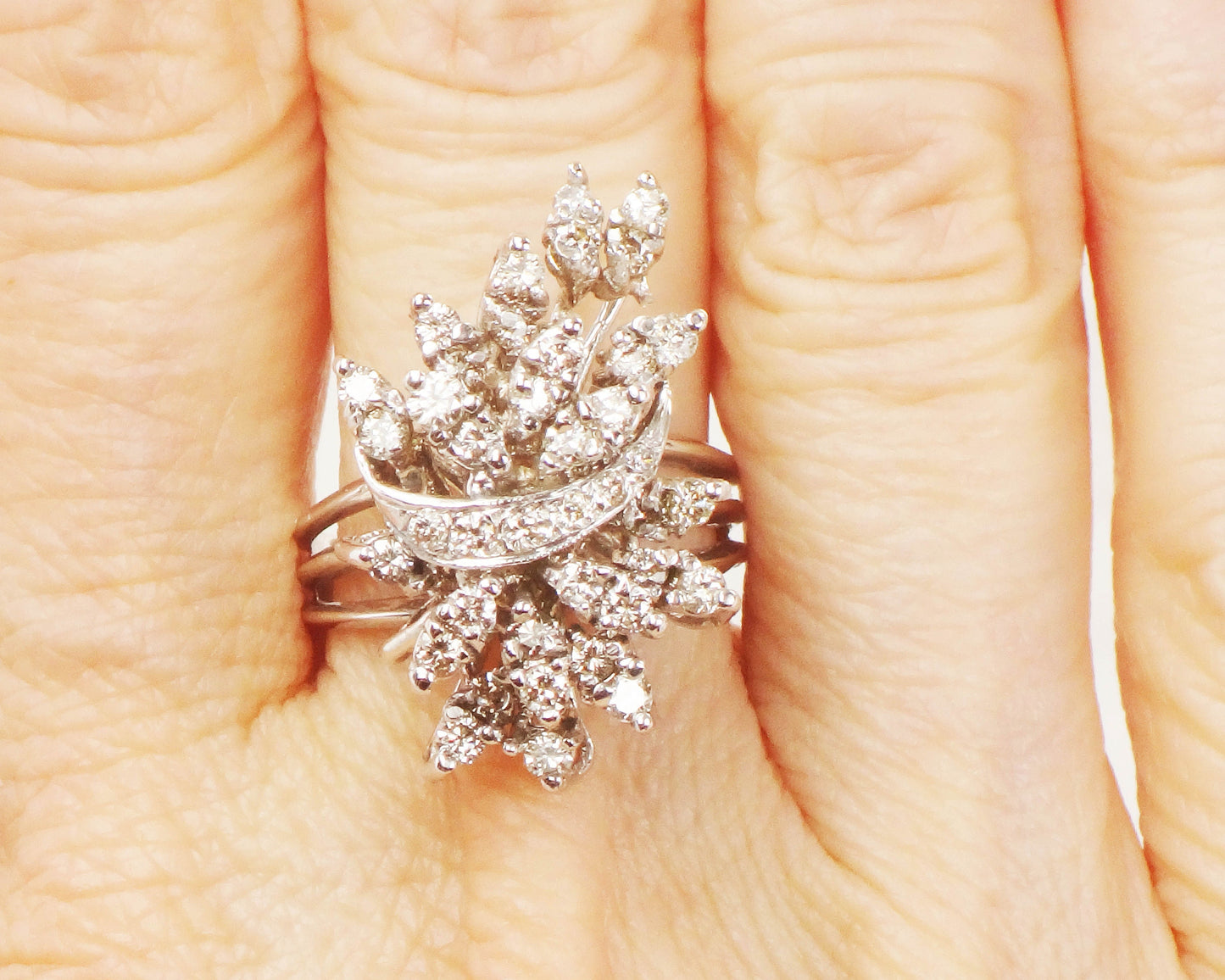 Vintage 14k White Gold Diamond Floral Ring: 1 CT TDW Cocktail Ring, Size 6.75