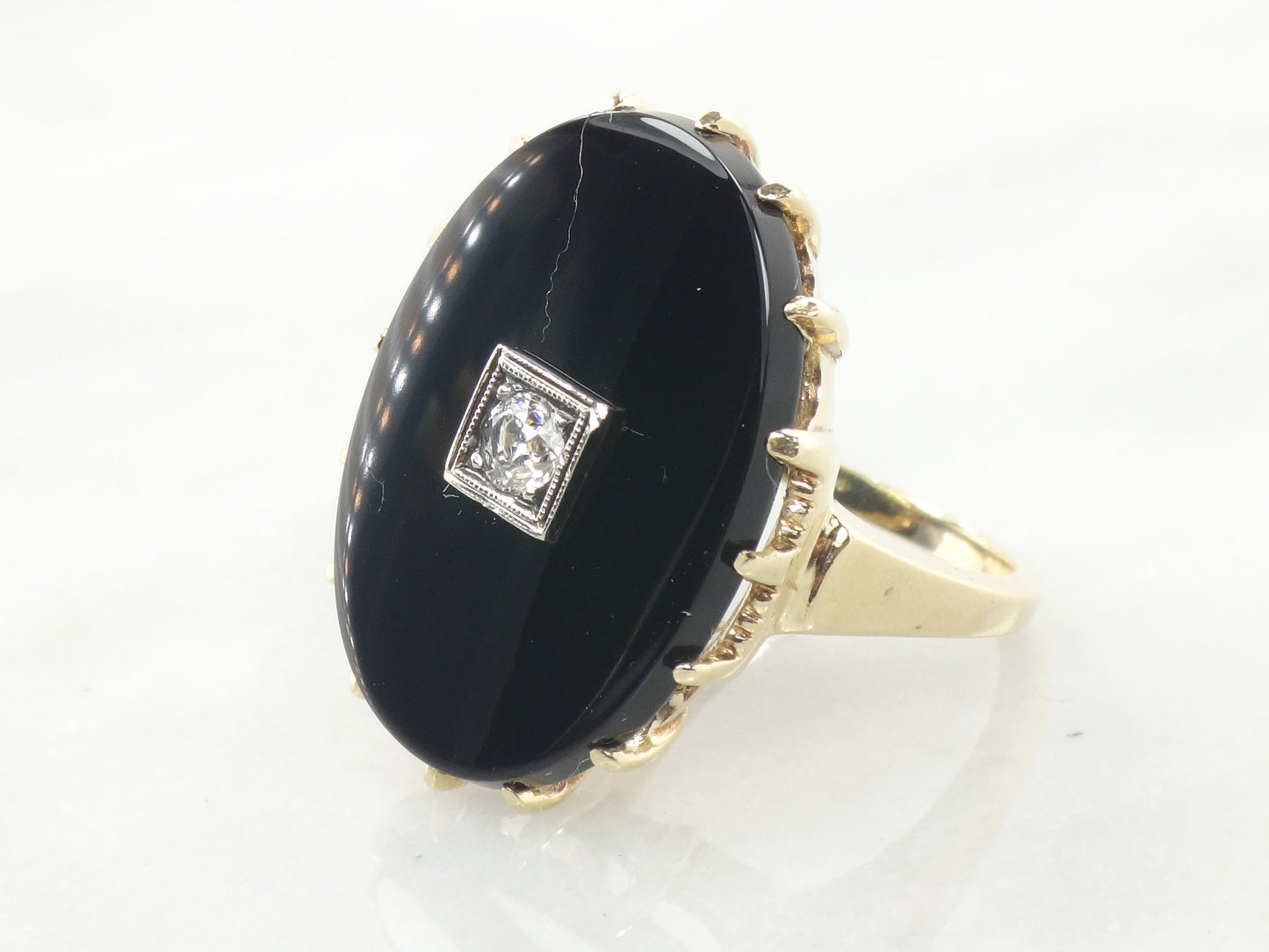 Vintage Art Deco 14k Yellow Gold Black Onyx and Diamond Ring, .20 CT European Cut Natural Diamond Size 8.75