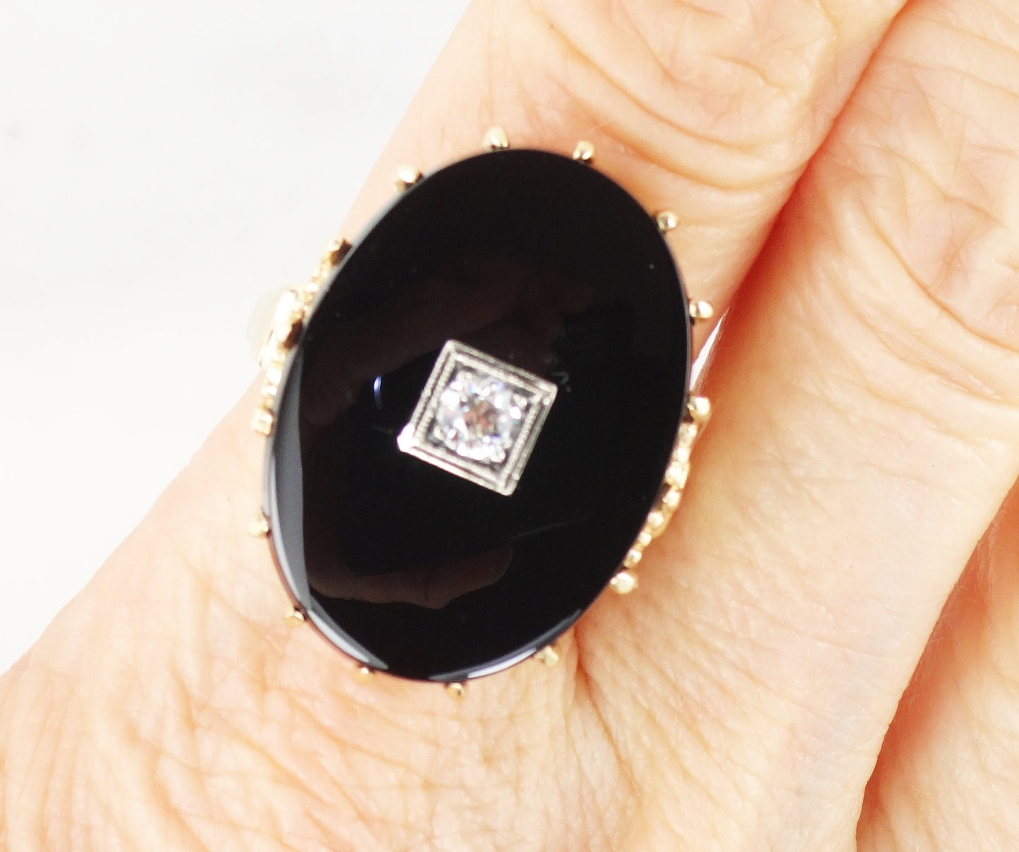Vintage Art Deco 14k Yellow Gold Black Onyx and Diamond Ring, .20 CT European Cut Natural Diamond Size 8.75