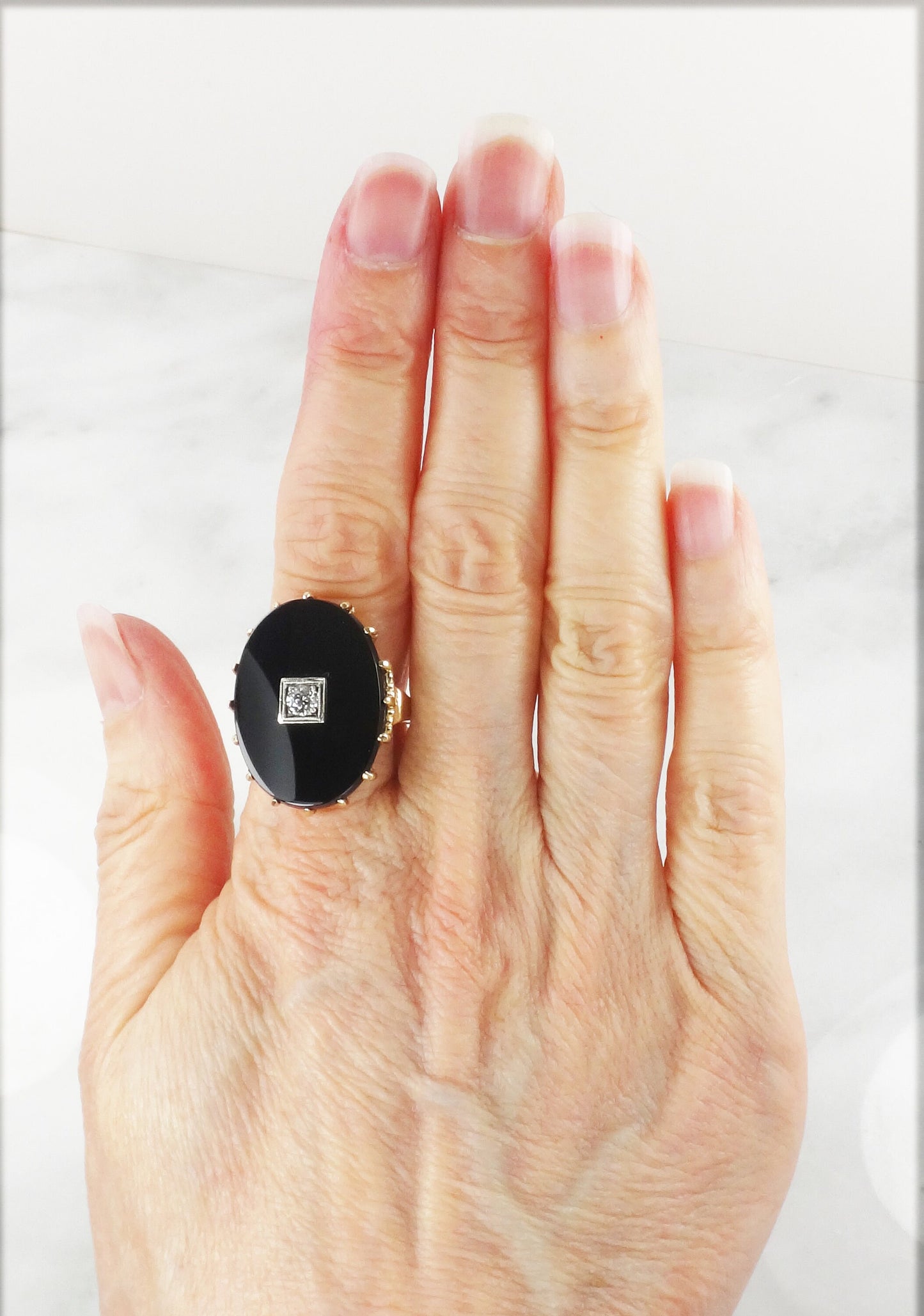 Vintage Art Deco 14k Yellow Gold Black Onyx and Diamond Ring, .20 CT European Cut Natural Diamond Size 8.75
