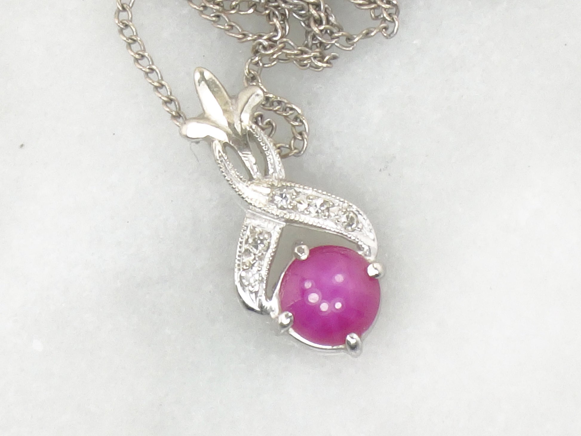 Vintage 14k White Gold Star Ruby and Diamond Pendant Necklace, Red July Birthstone, 15.25"