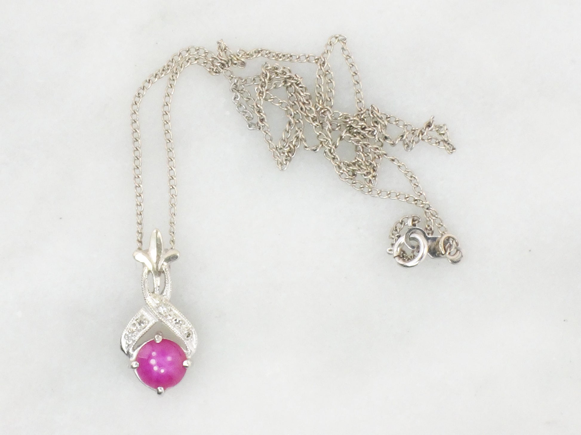 Vintage 14k White Gold Star Ruby and Diamond Pendant Necklace, Red July Birthstone, 15.25"