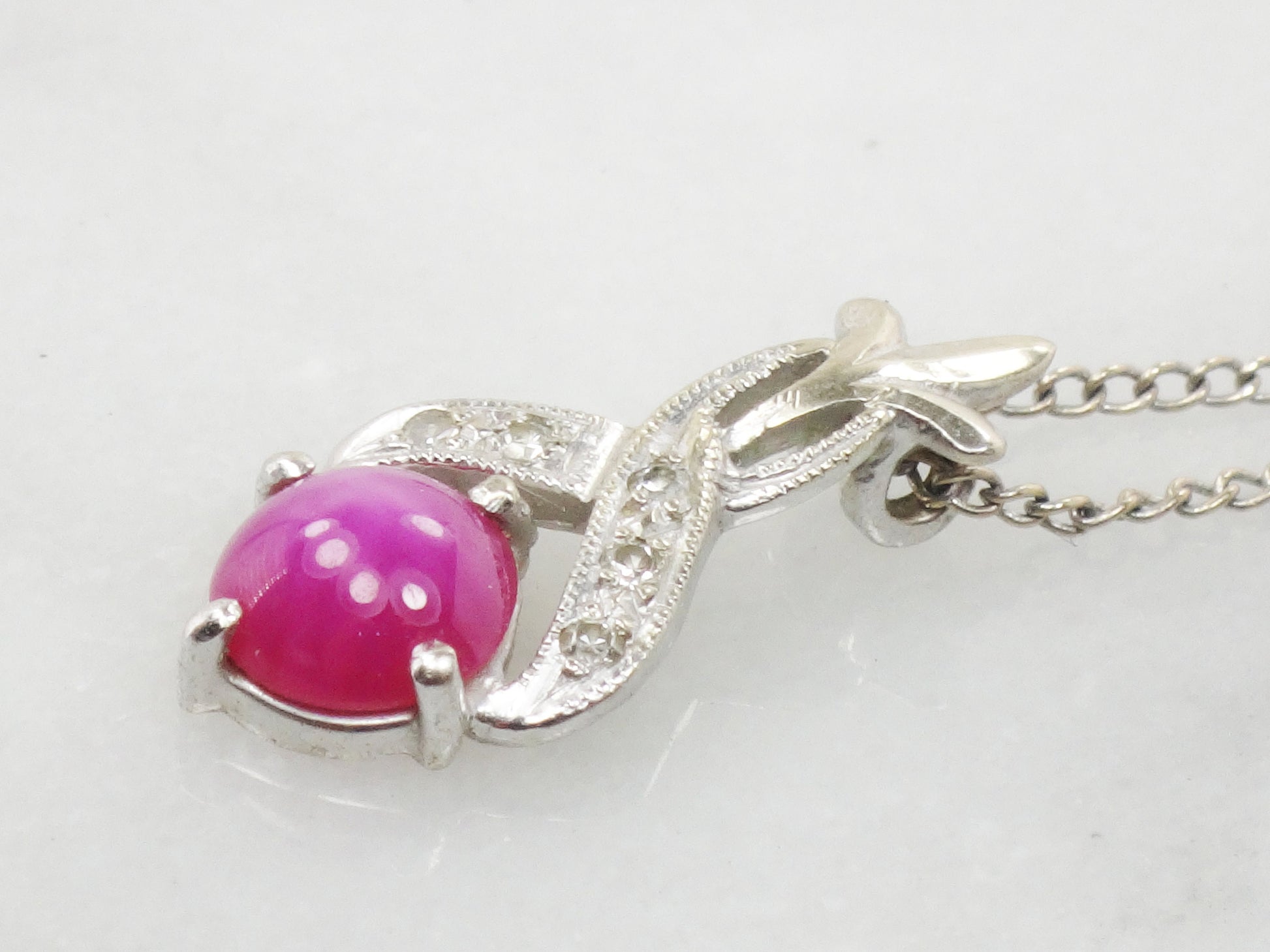 Vintage 14k White Gold Star Ruby and Diamond Pendant Necklace, Red July Birthstone, 15.25"