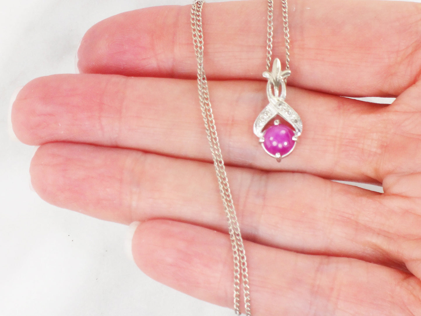 Vintage 14k White Gold Star Ruby and Diamond Pendant Necklace, Red July Birthstone, 15.25"