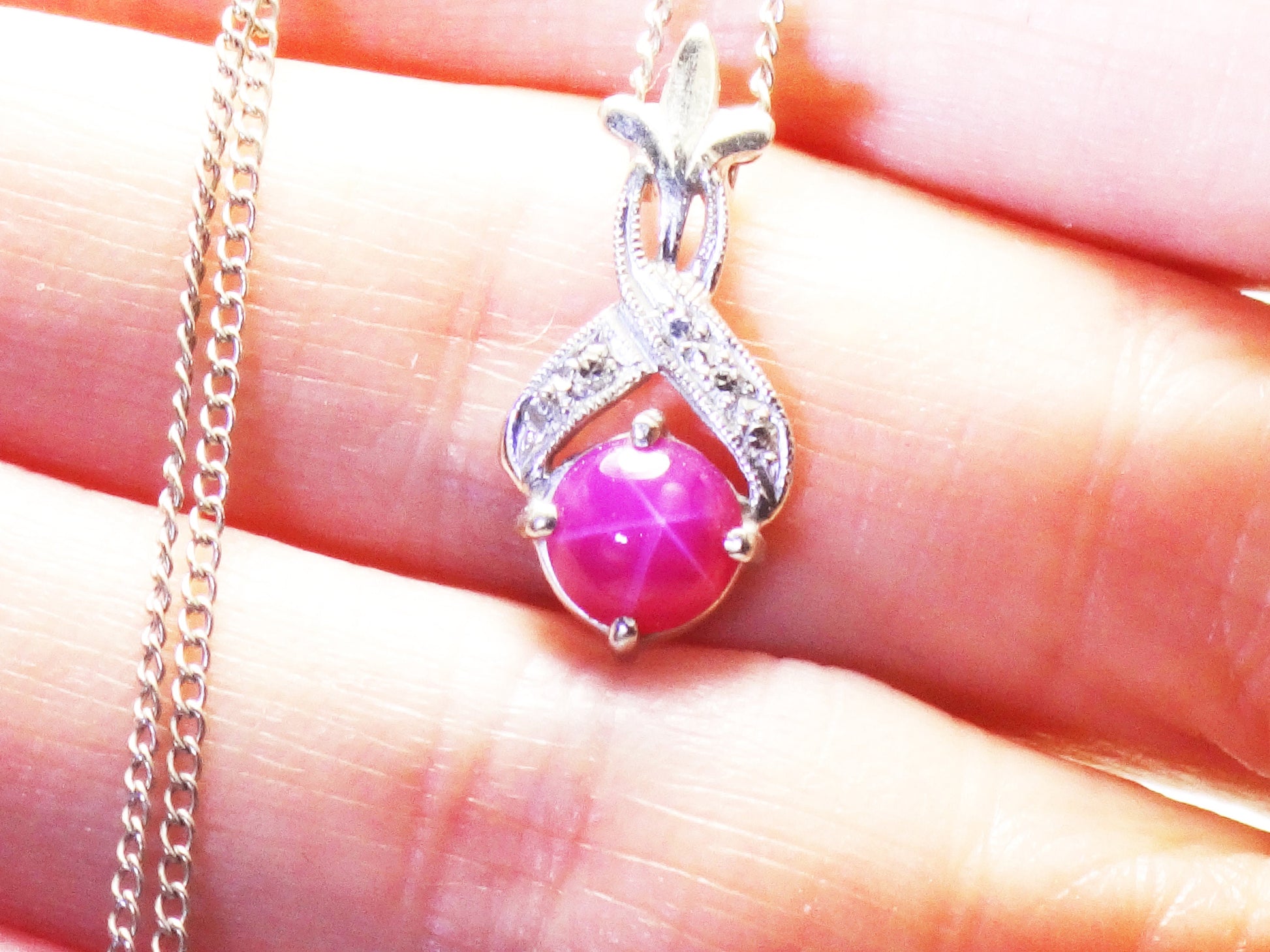 Vintage 14k White Gold Star Ruby and Diamond Pendant Necklace, Red July Birthstone, 15.25"