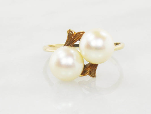 Vintage Mikimoto 14k Yellow Gold Pearl Ring - 7.5 MM Cultured Pearl Crossover Ring - Double Pearl Ring Size 6.25